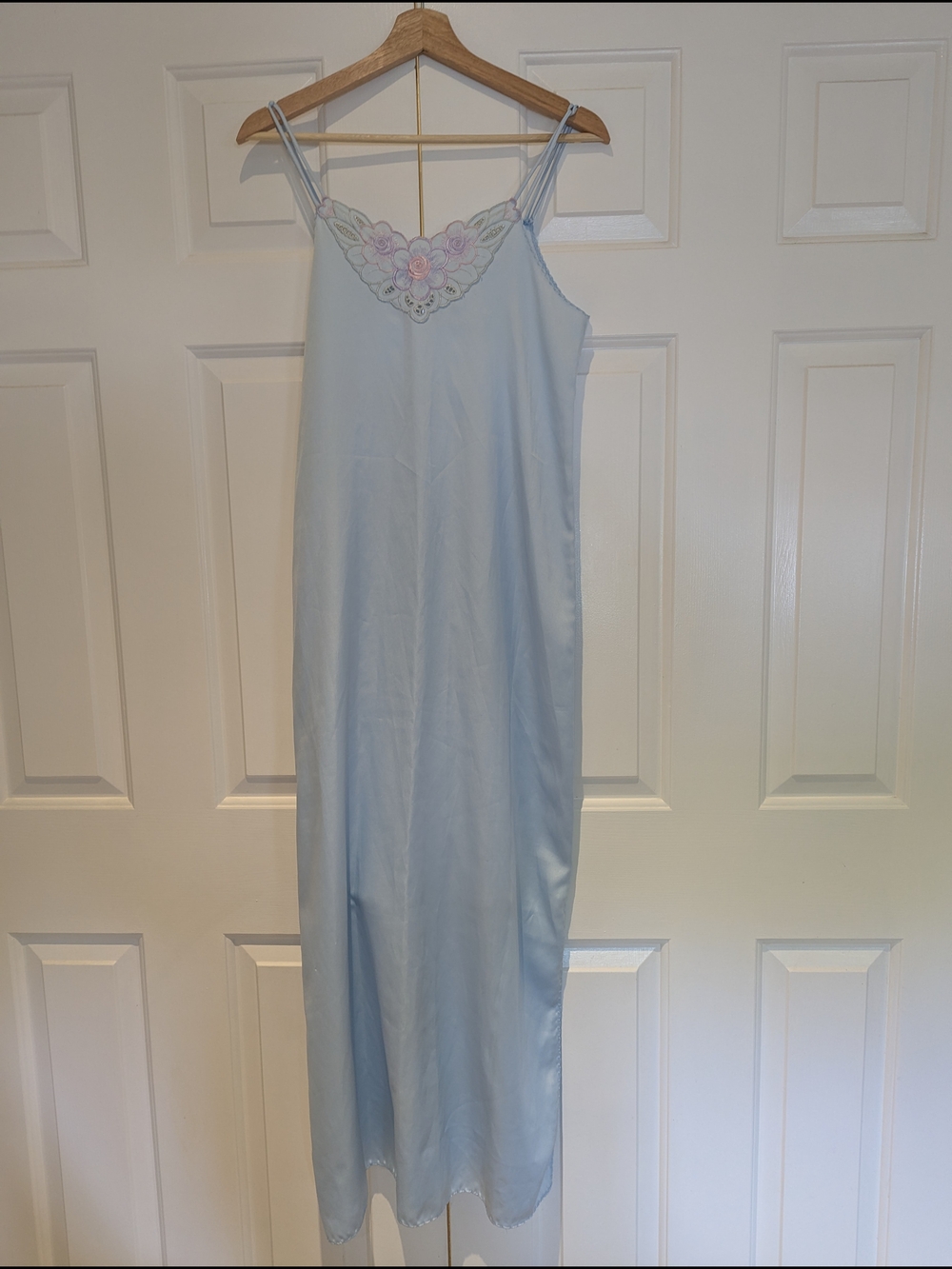 Vintage Cinema Etoile Ice Blue Floral Embroidered Satin Slip Dress Nightgown
